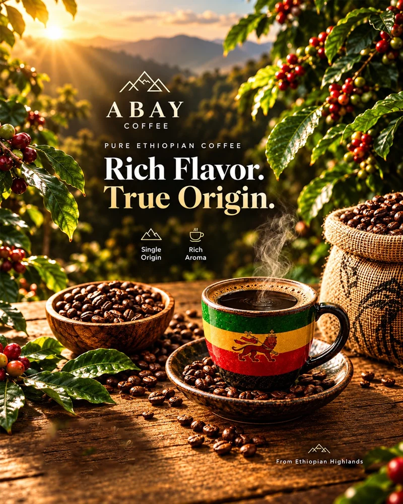 A highland landscape, coffee plants and warm morning light connect the product with its origin.