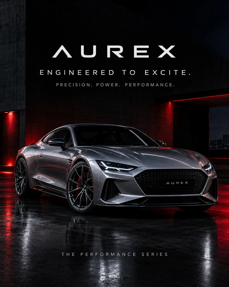 Silver AUREX sports coupe in a dark architectural setting with red accent lighting and performance campaign typography.
