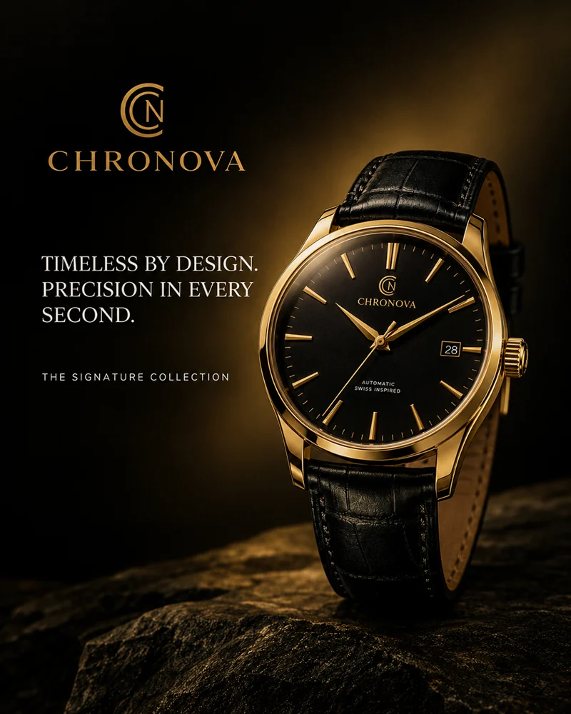 Gold, black and directional light set the tone for a fictional watch campaign, with a restrained supporting headline.