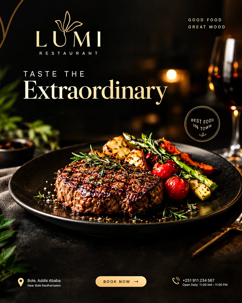A close view of the dish, warm lighting and gold type form a restaurant promotion with a clear visual hierarchy.