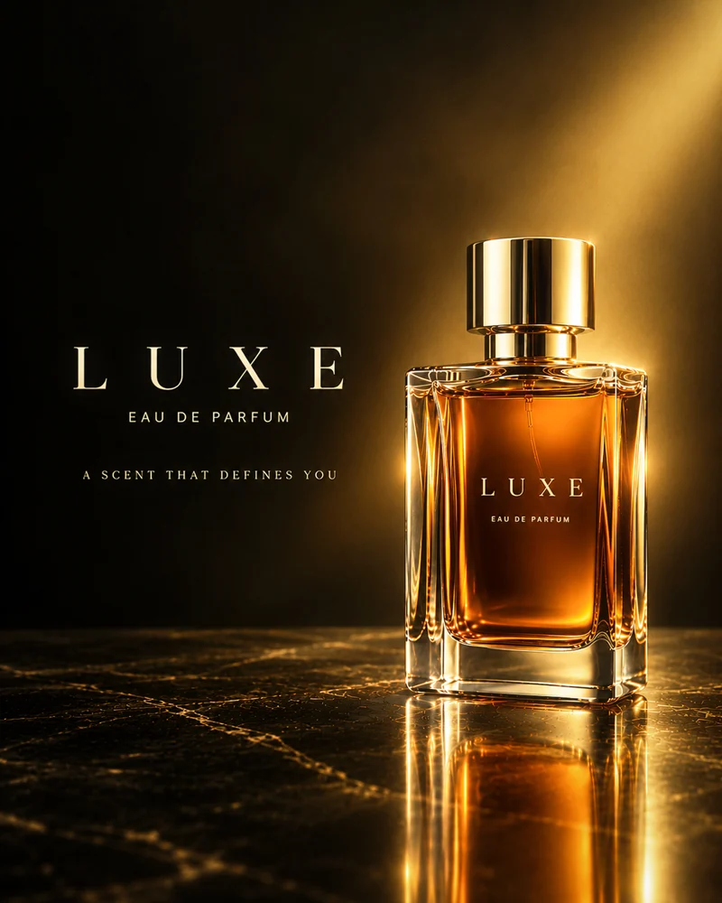 LUXE perfume concept advertisement with amber glass and restrained gold lighting
