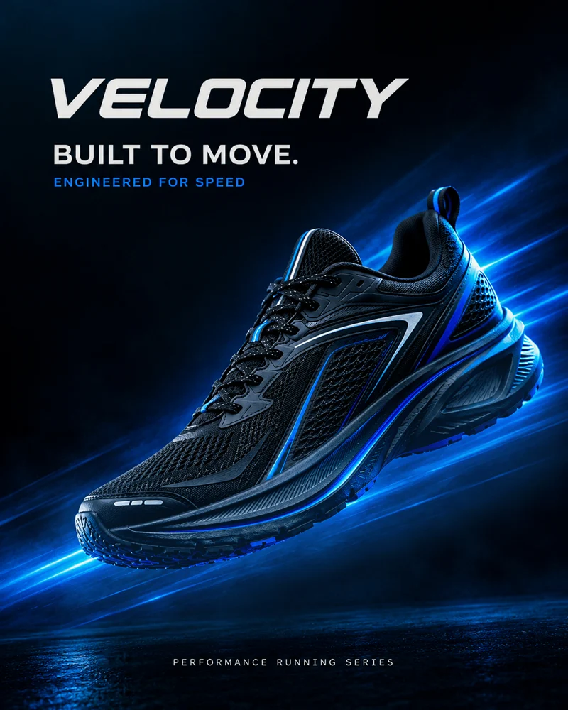 An angled product composition and electric blue accents bring pace to a performance footwear advertisement.