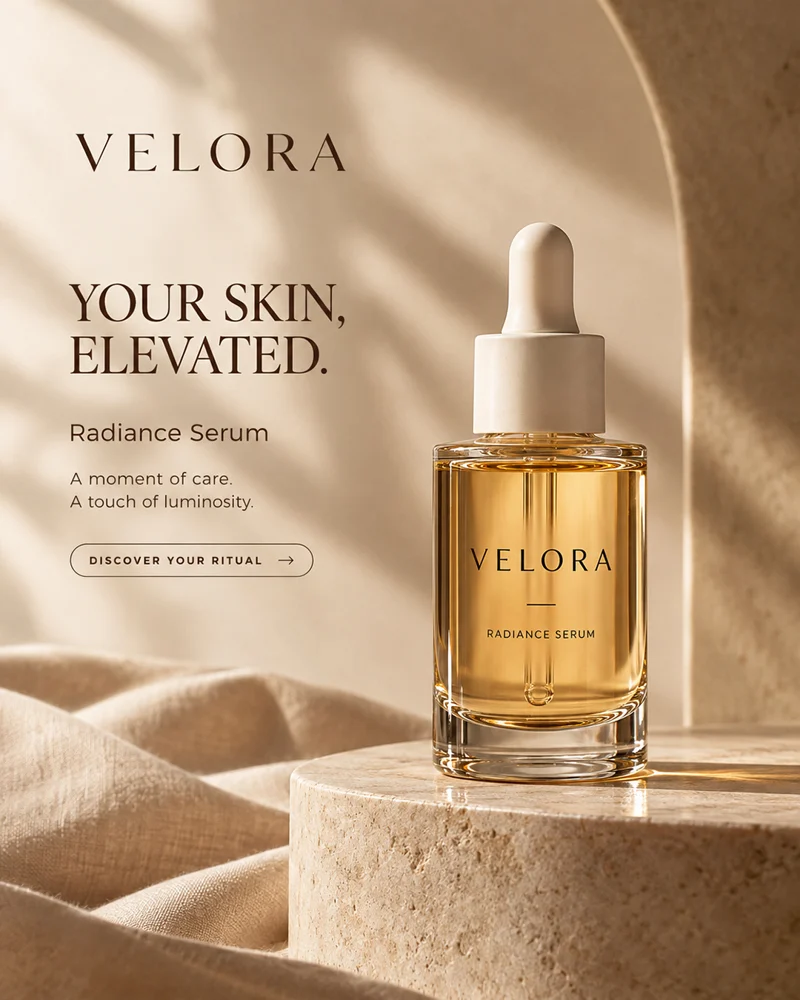 VELORA Radiance Serum bottle on a cream stone pedestal, with beige linen and the headline Your skin, elevated.